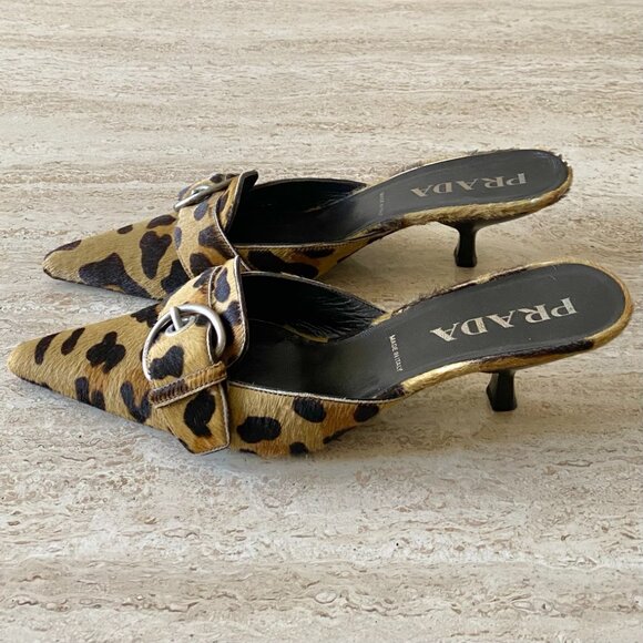 Vintage Prada Leopard Pony Hair Buckle Kitten Heel Mules - Picture 2 of 10